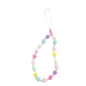 Colorful star-shaped beaded phone charm with pastel stars and silver beads on white background