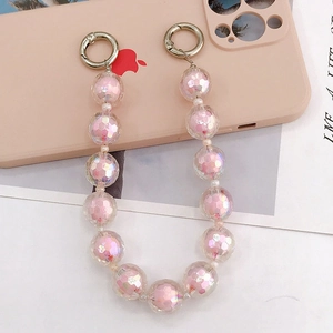 Lanière de téléphone en perles acryliques irisées roses avec fermoirs argentés