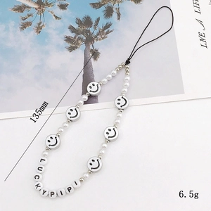 LUCKYPIPI beaded phone strap with white acrylic pearls and silver smiley face charms