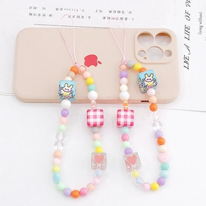 Macaron color beaded phone strap with cute rabbit charm and transparent pink heart pendant