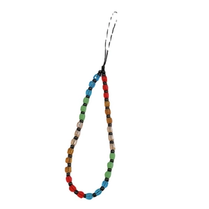 Colorful crystal beaded phone charm strap with black and white wrist cord on white background