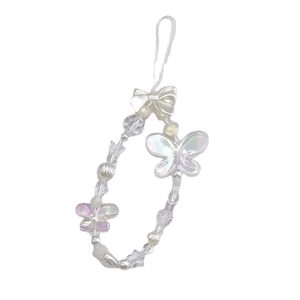 Iridescent butterfly pearl beaded phone charm strap with bow accents for women