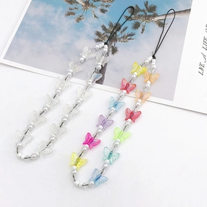 Colorful butterfly faux pearl phone strap charms for bags and mobile cases