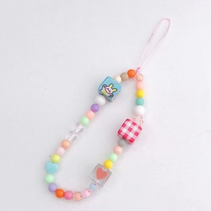 Detail view of rainbow beaded phone strap with acrylic hearts and cartoon rabbit cubes