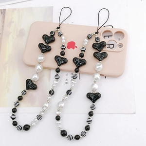 Handmade Beaded Phone Lanyard Black White Heart Faux Artificial Pearl Resin Bead Anti-Lost Wrist Strap Phone Chain For Women
