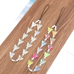 Faux pearl phone strap with colorful butterfly charms and beaded lanyards for women