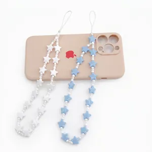 Star-shaped beaded phone lanyard in blue and white colors for mobile security