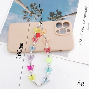 Colorful butterfly phone strap with imitation pearls and beads for women, 160mm length