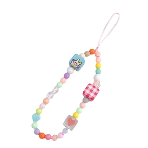 Colorful beaded phone charm with sweet candy beads and cute bunny cube pattern