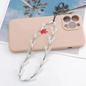 Detail of beaded phone lanyard with pearlescent butterflies on a cream phone case