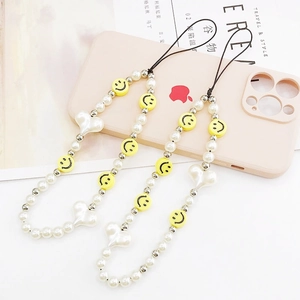 Handmade Beaded Phone Strap Smiley Face Heart Faux Artificial Pearl Phone Charm Wrist Strap Anti Lost Decoration For Women Girl