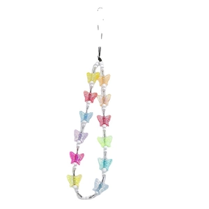 Colorful butterfly beaded phone strap with white faux pearls and black hanging loop charm