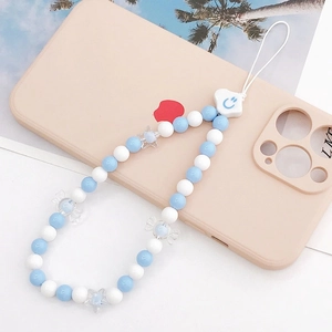 Beaded phone charm with blue and white acrylic beads and ceramic cloud pendant charm
