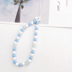 Blue and white acrylic beaded phone strap with ceramic cloud and star charms decoration
