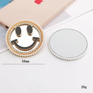 Golden smiley face mirror phone grip with pearls and rhinestones, 58mm diameter charm