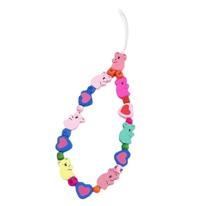 Colorful beaded phone lanyard featuring wooden bears, hearts and alphabet letter charms