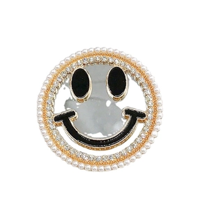 Elegant pearl and rhinestone smiley face mirror phone case charm accessory in gold metal