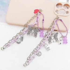 Y2K lavender candy chain set with resin bear, silver butterfly and love lock charms