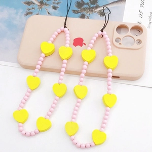 Sweet Wood Heart Beaded Phone Strap Lacquered Wooden Pink Round Bead Mobile Chain Wrist Lanyard For Women Girls Phone Case Charm