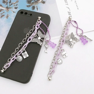 Purple Gummy Bear Phone Strap Y2K Butterfly Love Lock Charm Decorative Resin Alloy Beaded Chain Wristlet For Women
