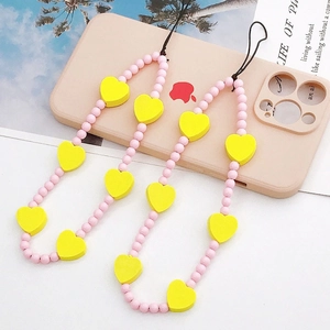 Pink and yellow wooden heart beaded phone strap wristlet chain for women's phone case