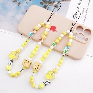 Colorful Beaded Phone Chain Strap With Smile Face Heart Alphabet Beads For Women Acrylic Bead Anti-Fall Phone Charm Lanyard Gift