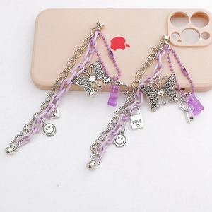 Purple resin bear and metal butterfly chain charm for phones and clogs decoration