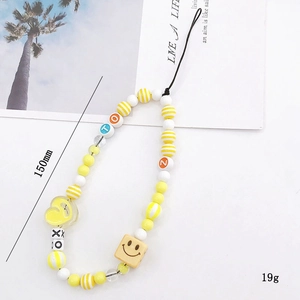 Colorful beaded phone strap with yellow hearts, letters, and 150mm length dimension