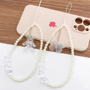 Charming pearl phone strap featuring laser bear and butterfly charms for women