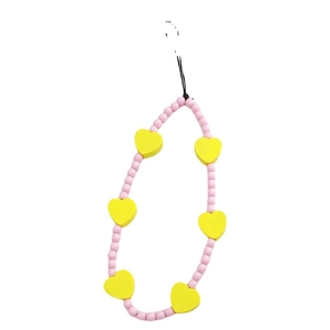 Pink and yellow wooden heart beaded phone charm wrist strap for cell phone cases