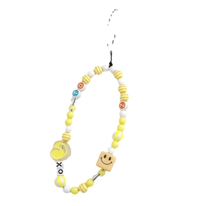 Handmade beaded phone strap with yellow letter beads, a smile face cube, and a cute duck charm