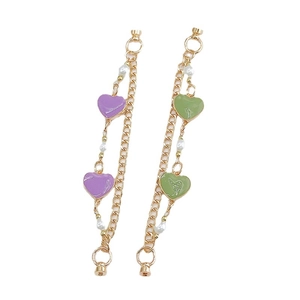 Golden chain accessory with purple and green enamel hearts and white pearls for DIY
