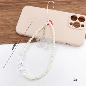 Beaded phone strap with laser butterfly and pearls, 160mm length and 12g weight