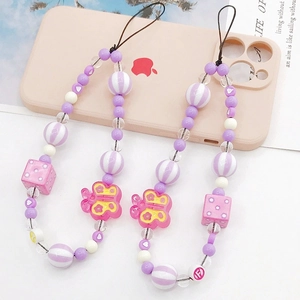 Y2K handmade beaded phone strap with purple beads and pink acrylic butterfly charm