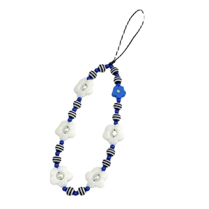 Blue and white beaded phone strap with floral charms and striped beads on white background