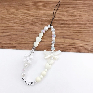 Handmade beaded phone strap with pearl bow heart and HAPPY letter charms