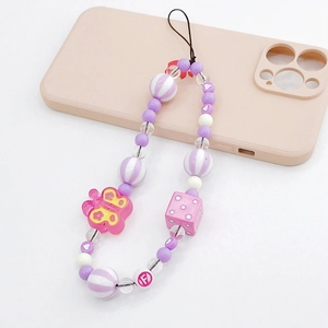 Purple acrylic butterfly phone strap with pink dice and letter F bead for women