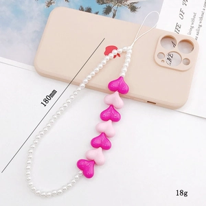 Handmade beaded phone strap with pink acrylic hearts and white pearls, 180mm length
