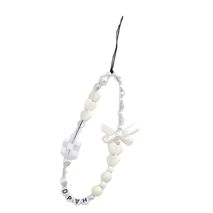 White beaded phone strap with pearl bow heart and happy letter charms for wrist