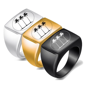 Chevalière pour Hommes en Acier Inoxydable Minimaliste Gravée au Laser Palmier Bague Rectangulaire Bijoux de Plage