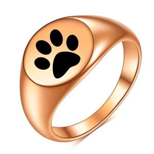 Minimalist rose gold stainless steel signet ring with black laser engraved pet paw print