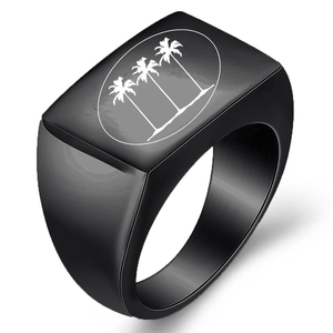 Chevalière en acier inoxydable noir mat avec gravure laser de trois palmiers