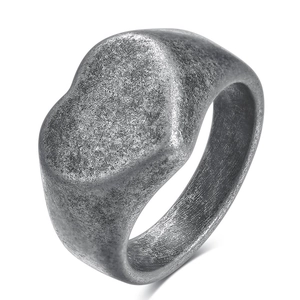 Vintage stainless steel ring with solid heart top and oxidized matte finish from 45-degree angle