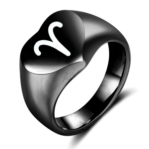Bague chevalière cœur noire en acier inoxydable avec symbole Bélier pour femmes