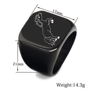 Macro detail of black square signet ring featuring a laser engraved white horse pattern