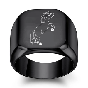 Minimalist black stainless steel signet ring with white laser engraved pony pattern