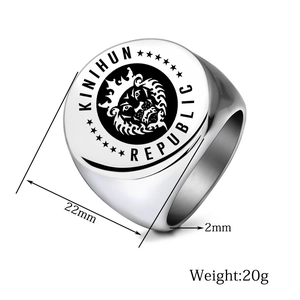 Detail view of 22mm silver stainless steel ring with lion head emblem and measurements