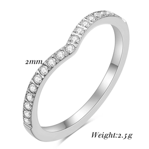 Macro shot showing 2mm band width and 2.5g weight of V-shaped silver pavé ring