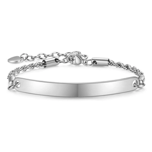 Minimalist 6mm stainless steel id bracelet with curved bar and heart charm in silver finish