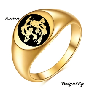 Detail of 12mm 18K gold-plated stainless steel signet ring with koi fish design